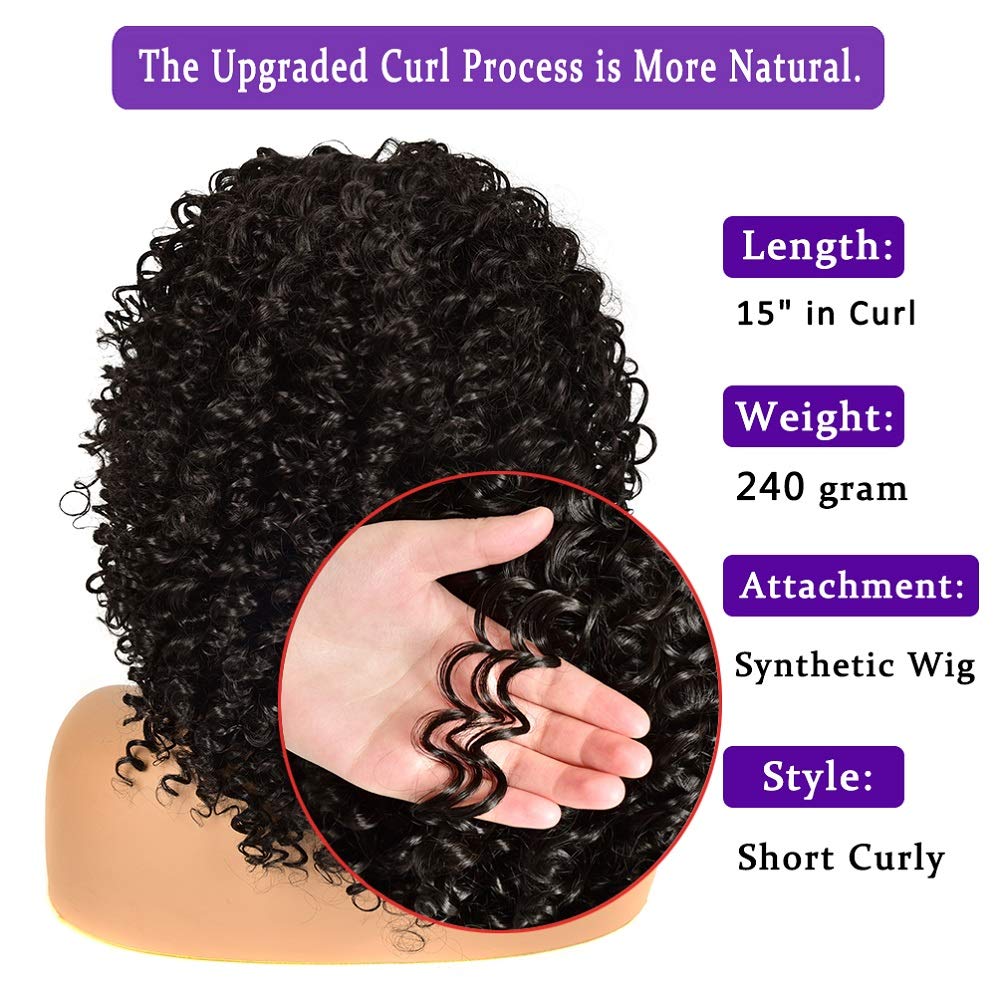 Curly Wigs for Black Women - Afro Curly Wig with Bangs Natural Black Hair Synthetic Heat Resistant Full Wigs with 1 Wig Comb and 4pcs Wig Caps