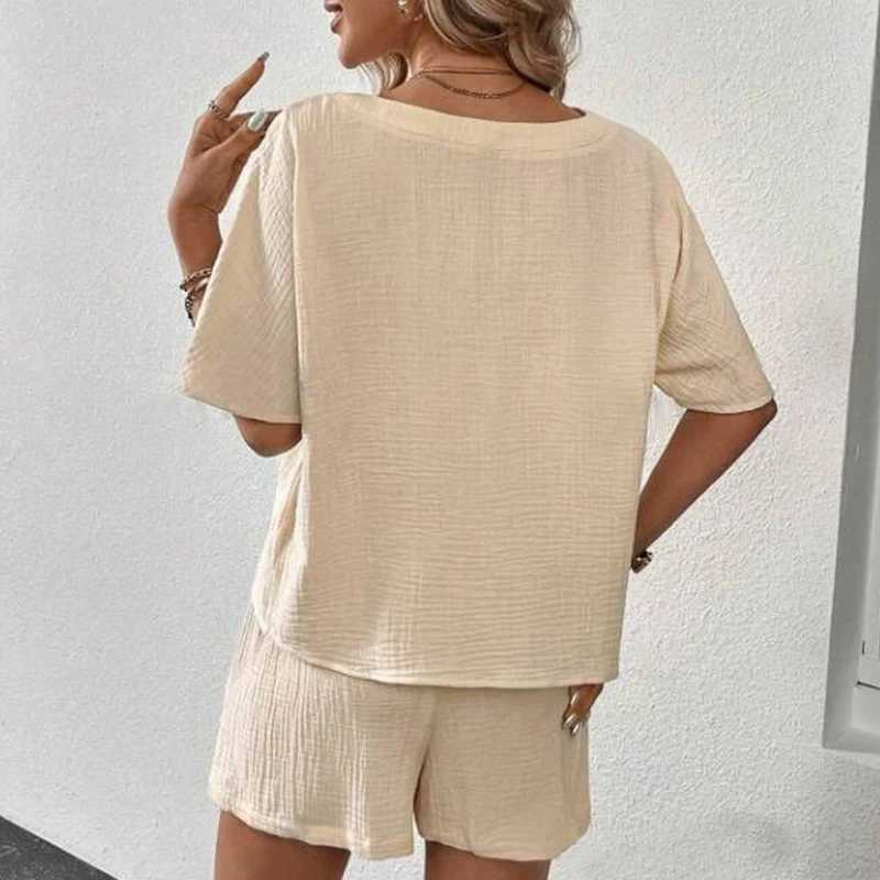 Slin 100% Cotton Ele Womens Set Sexy V-neck Short Sve T-shirt+Womens Wide Leg Shorts SetXJ250414