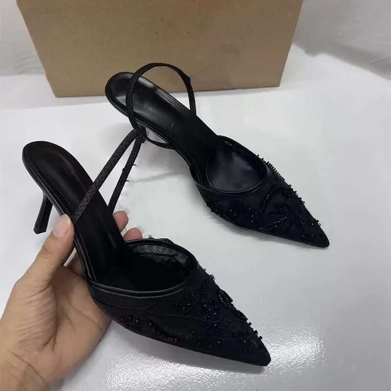 2025 New Black Woman Embroidered Mesh Open Heel Shoes Fashion Print Stiletto Women High-heel Pumps Sexy Pointed End Sandals