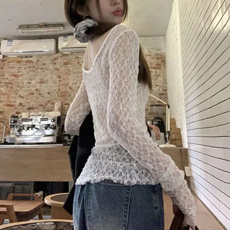 qing y2k Coquette Top Women Clothing See Through Round Neck Long Sleeve Lace T Shirts 2000s Fairycore Clothes Streetwear
