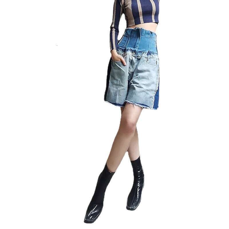 Designer Slimming Fashionable Women's Wide Leg Denim Shorts - High Rise & Colour Block Design