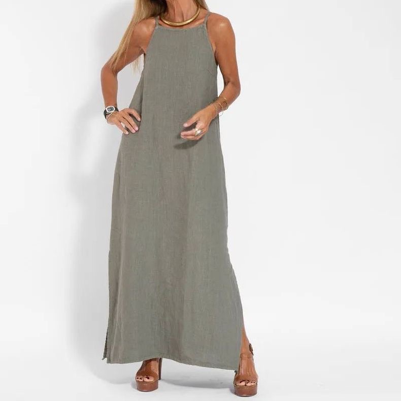 K411Trendy Casual Cotton Linen Dress with Slits and Detachable Shoulder Strap