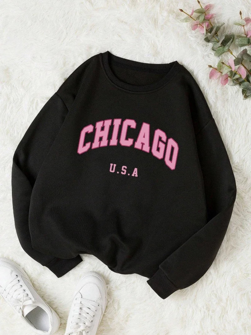 Chicago American Letter Printing Pullover Fashion Crewneck Casual Womens Sportswear Hoodie Wool Warm Autumn Clothing 250414Z