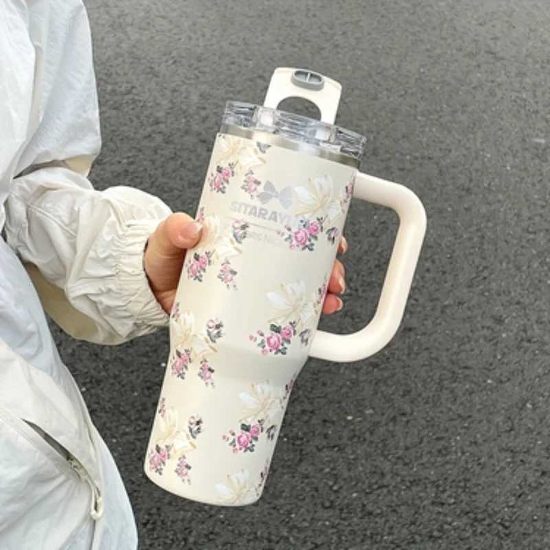1pc 900ml Floral Print Stainless Steel Vacuum Insulated Tumbler with Straw Ice Cold Retention CupBirthday Gift for Women C251114