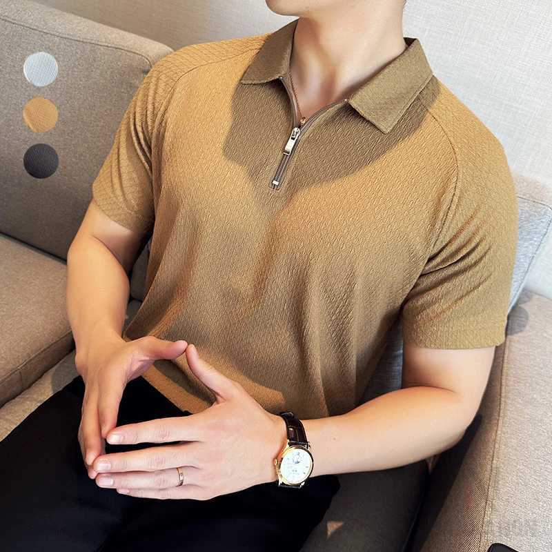 Mens short sleeved white golf shirt Seersucker mesh fabric ice thin high elasticity half zip polo shirt T-shirt W250414