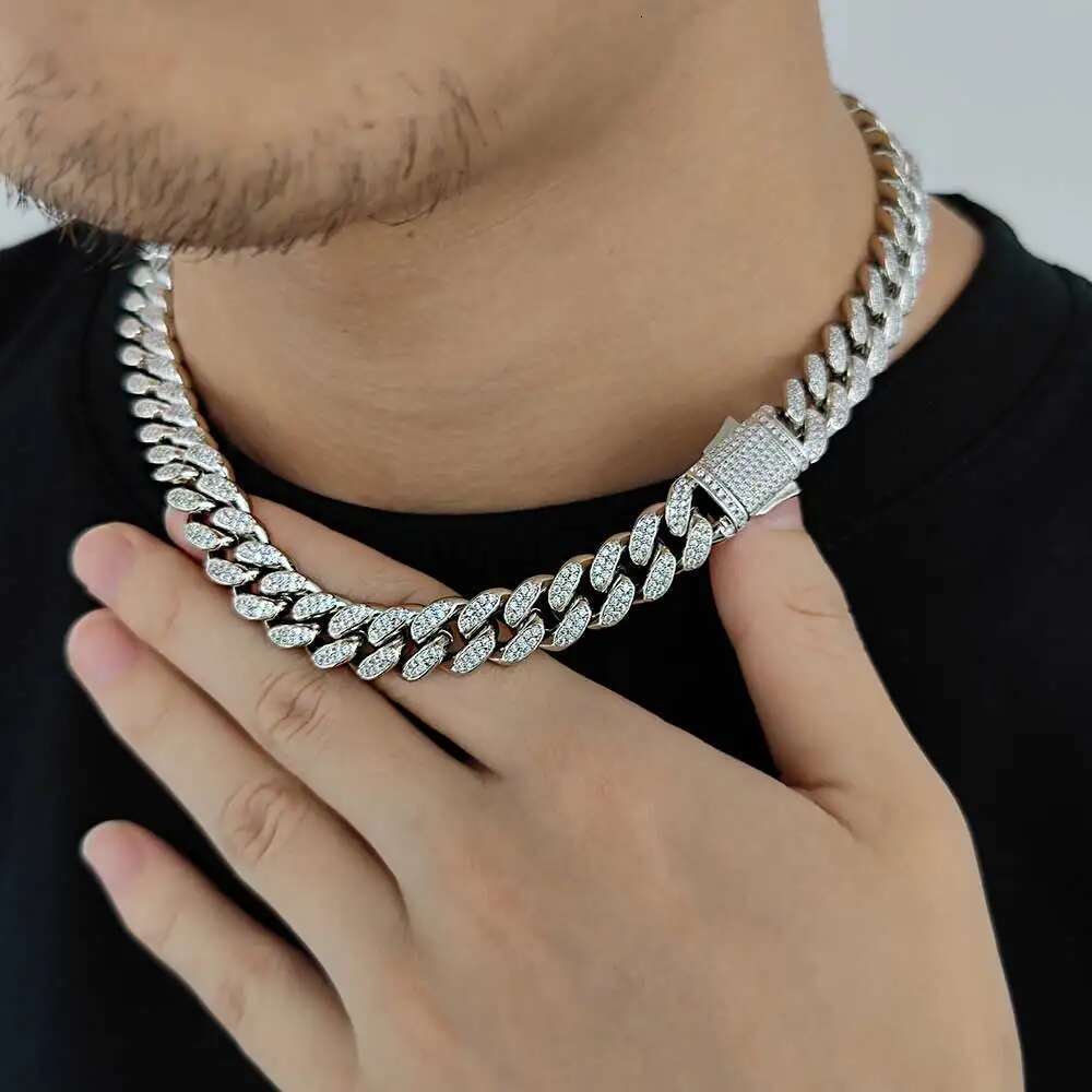 ESKEEM 12mm Hip Hop Jewelry Iced Cuban Link Chain Bling Brass CZ Cuban Choker For Women 2 Rows Necklace Plating White Gold