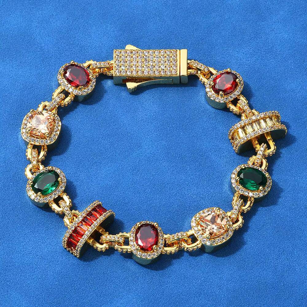 Hip Hop Style Fine Jewelry 925 Silver 15mm Geometric Colorful VVS Moissanite Charm Chain Bracelet for Men Women