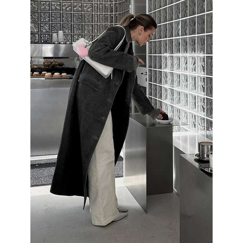 Designer Clothes Grey Leather Women's Coat Vintage Turndown Collar Single Breasted Long Sleeve Coats Fashion Autumn Retro Jacket Outerwears