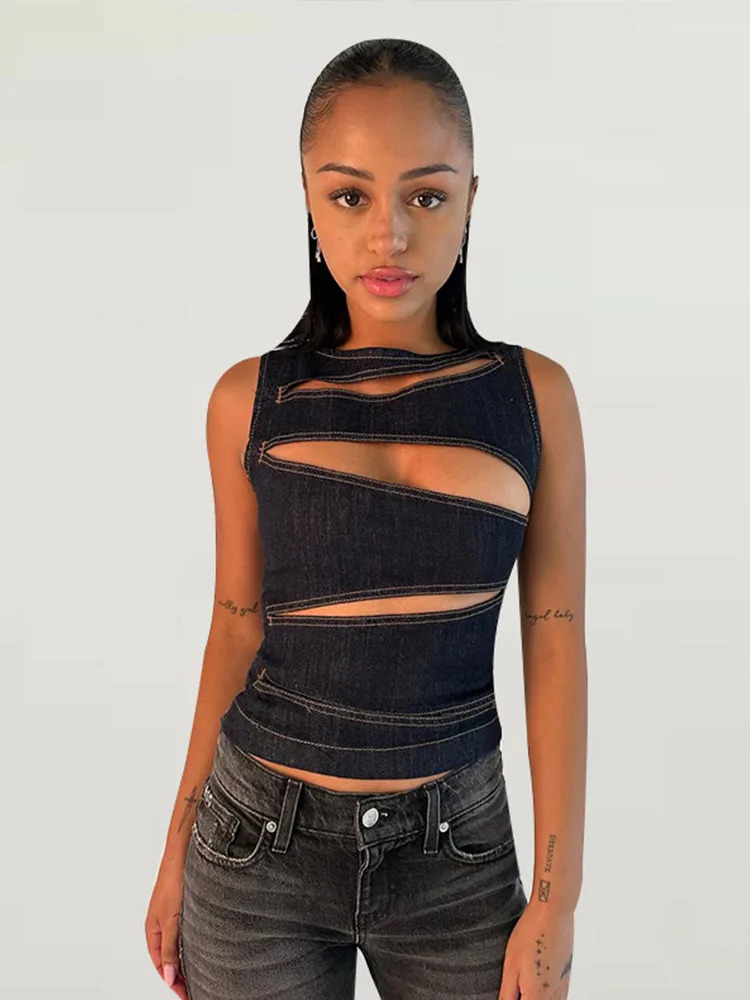 Sexy Hollow Out Denim Vest Women Solid Slim Sleeveless Stand Collar Lace Up Top Female 2025 Summer Y2k High Street Lady Outwears 250411