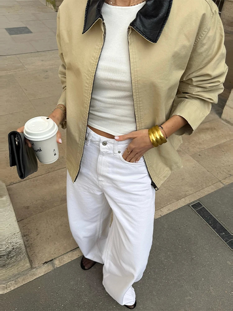 Fashion patch work collar jacket womens casual long sleeved zipper loose womens jacket spring womens clothing 250414