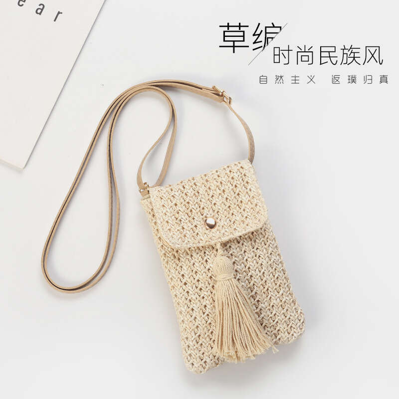 Handmade Beach Bag 2024 Summer New Hanins Fashion Mini Phone Diagonal Straddle Solid Color Grass Woven Women's Bag Kq2