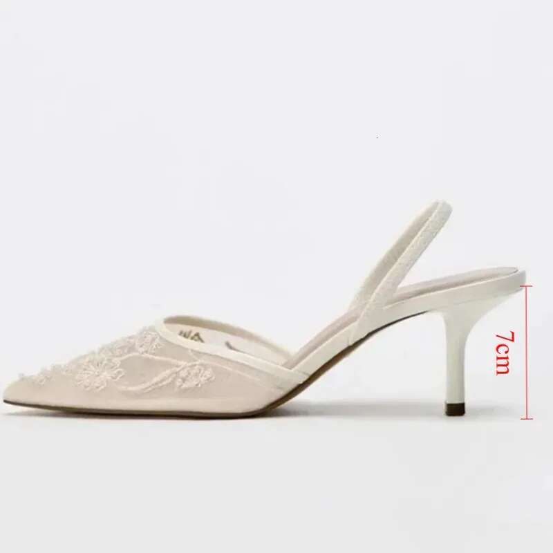 2025 New Black Woman Embroidered Mesh Open Heel Shoes Fashion Print Stiletto Women High-heel Pumps Sexy Pointed End Sandals