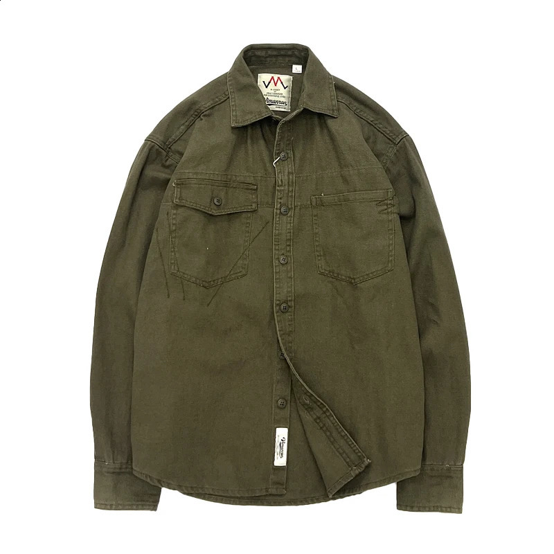 Mens Spring Vintage Laundry Long Sleeve Shirt Mens Khaki Cargo Pocket Loose Shirt Coat 250411