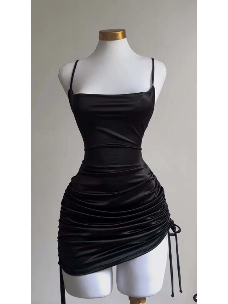 Sexy sleeveless backless mini dress for womens summer satin lace party club street black Y2K 2025 robe 250414