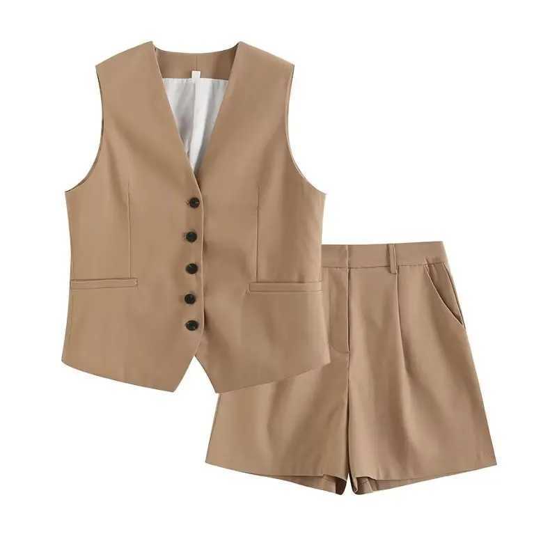 Retro linen office womens suit V-neck vest jacket Comter wide leg shorts fashion 2024 summer retro 2-piece workwearXJ250414