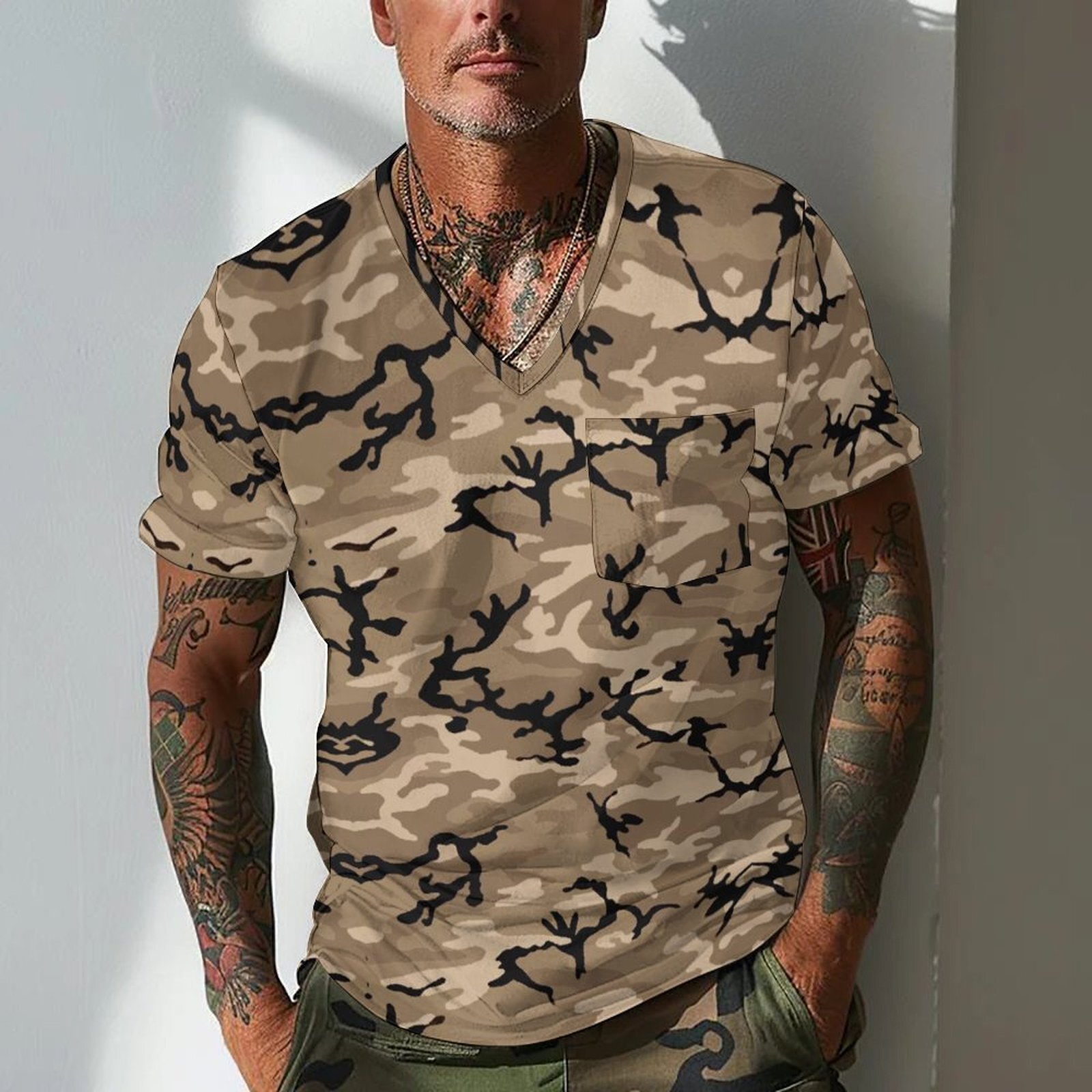 2025 Digital Printing Camouflage T-shirt Men's Summer Slim Fit Chicken Neck Short Sleeve