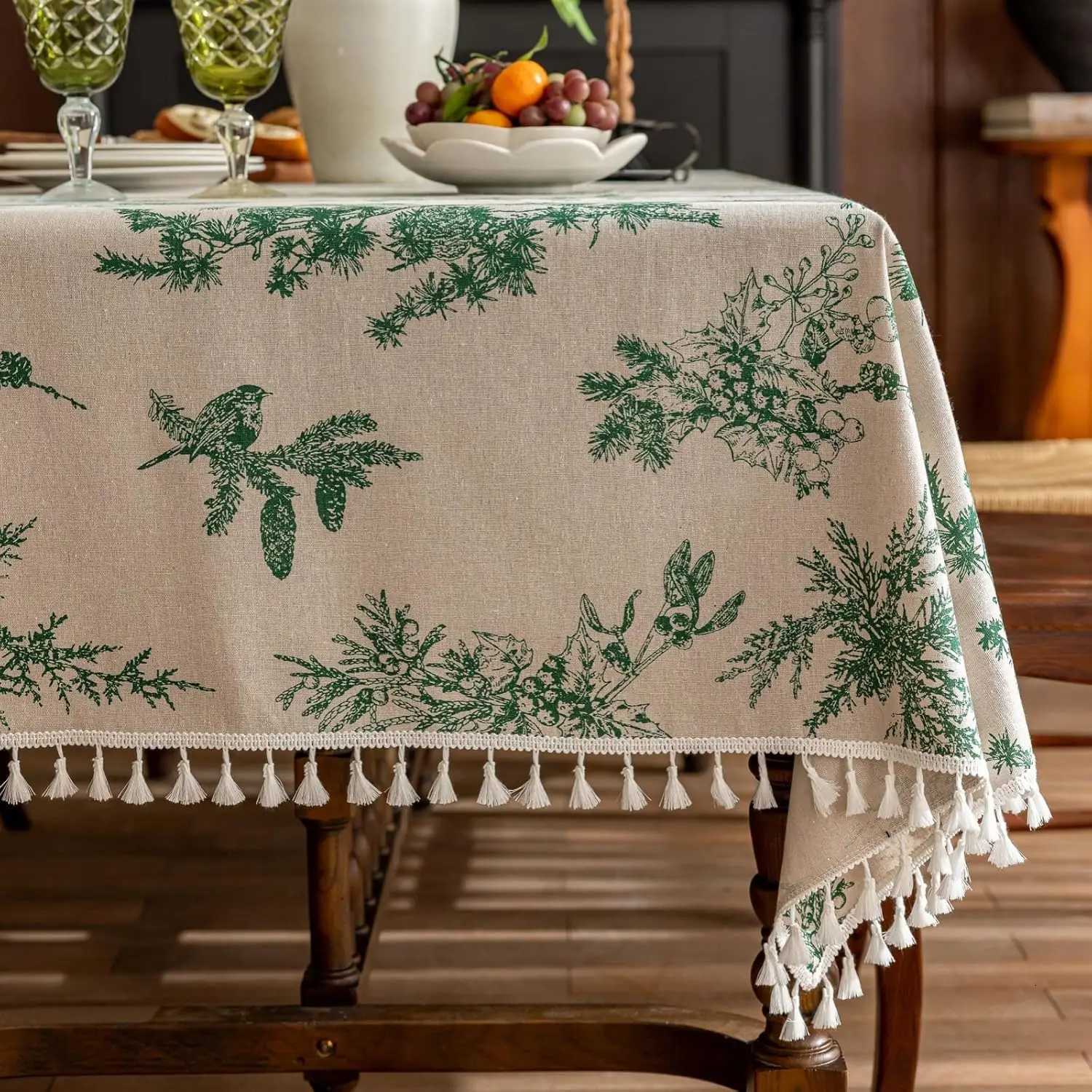 Christmas Square Vintage Cotton Linen Tablecloth with Stitching Tassels Washable Fabric Table Cover for Christmas Dining Kitchen Tea Party Y251113