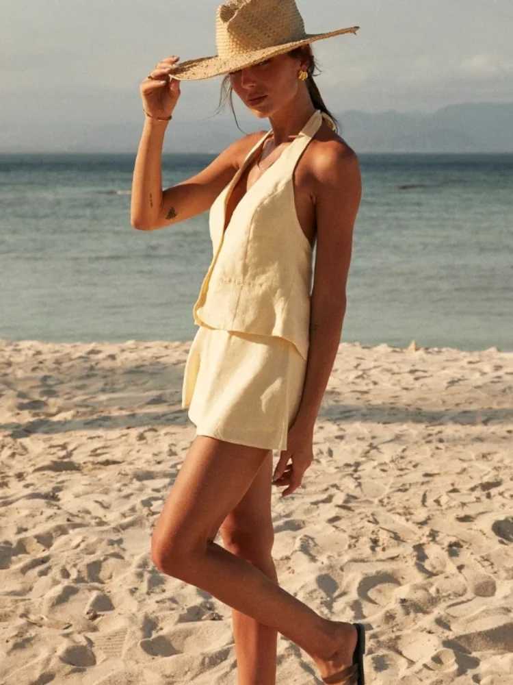 Ele Cotton Womens Wide Leg Shorts Set Sexy Backless V-neck Single Chest Strap Top 2025 Summer Womens Casual SetXJ250414