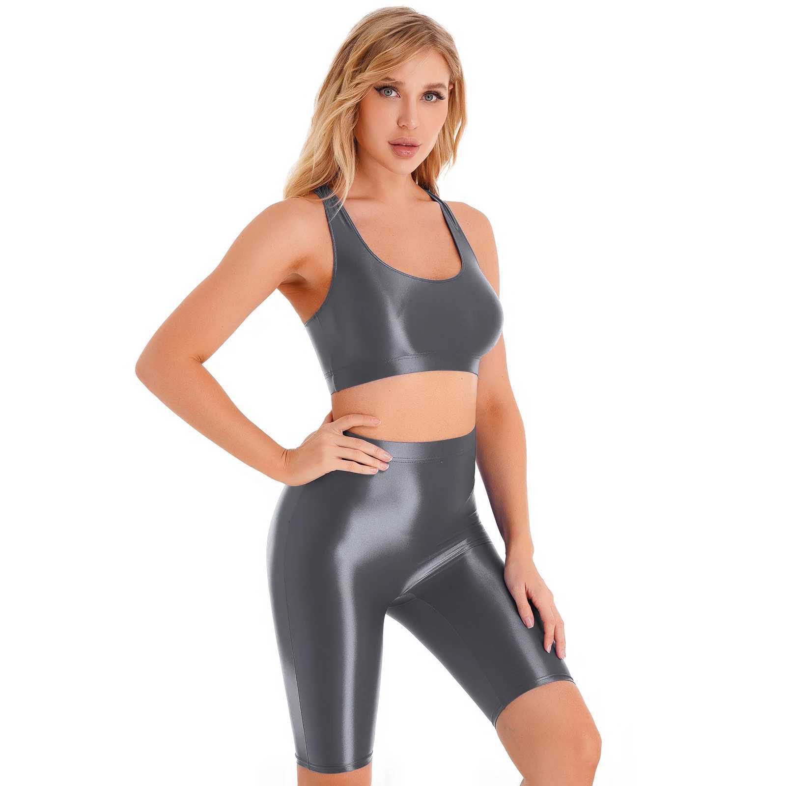 Womens Gymnastics Swimsuit Swimwear Two-piece Rave Outfit Sportwear Glossy U Neck Sleeveless Crop Tank Top High Waist ShortsW251113