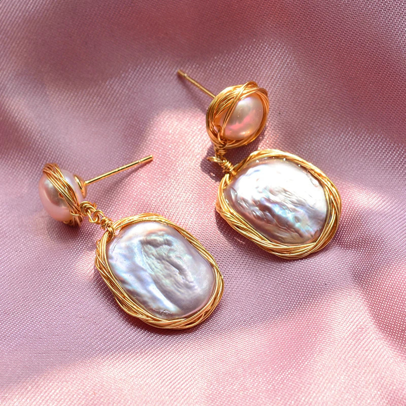 100% natural Baroque freshwater pearl 14K gold filled womens tassel stud earrings jewelry 250409