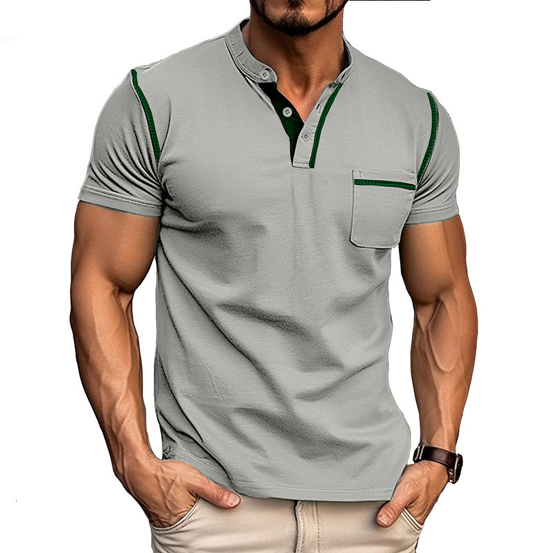 2024 Summer Mens Short sleeved Mens T-shirt Mens Henry Shirt Color Block T-shirt Mens
