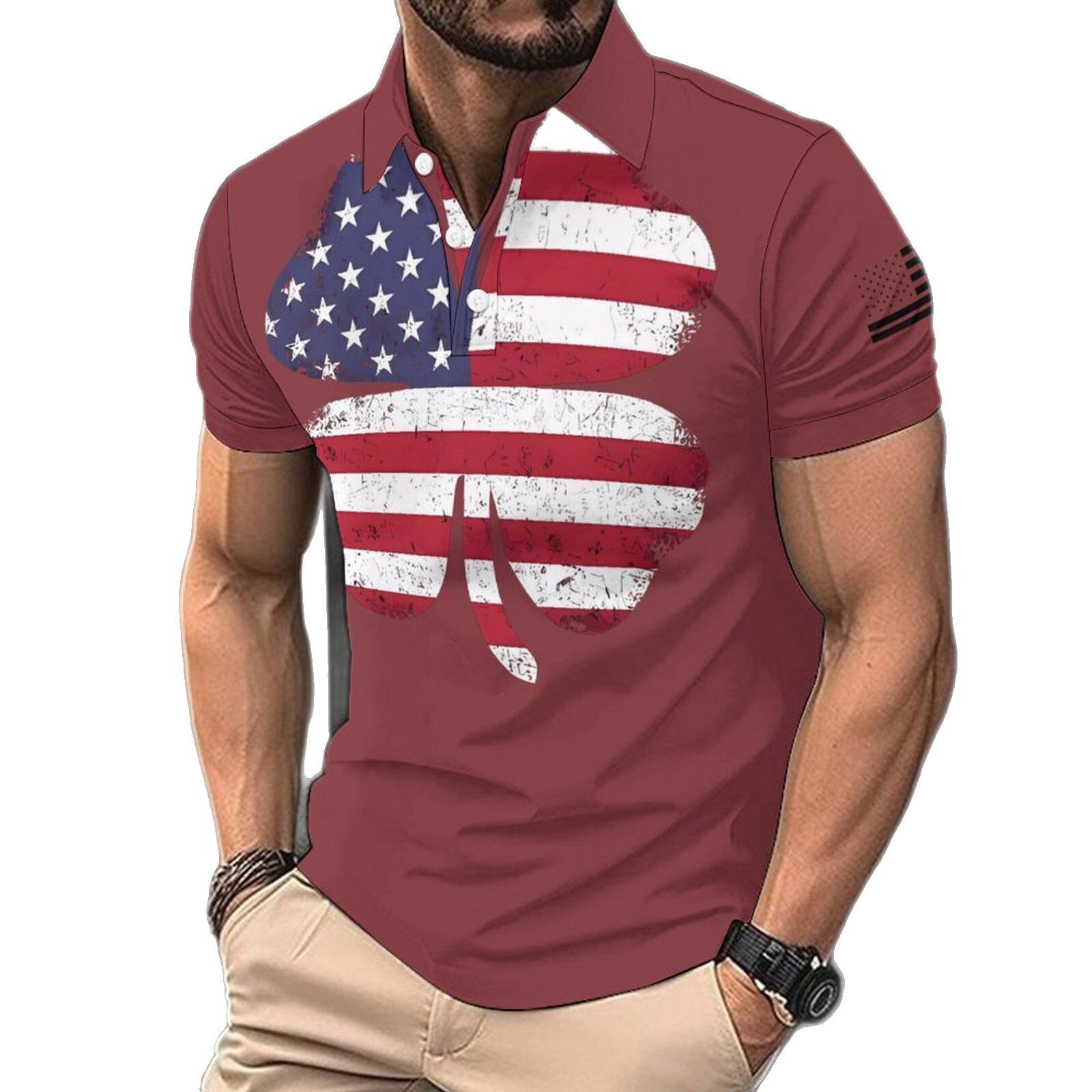 Digital printed button up collar t-shirt casual bird eye fabric top short sleeved men's polo shirt summer