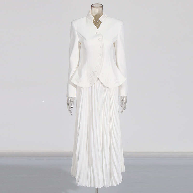 Designer Elegant Two-Piece Set: Embellished Standup Collar Top & Pleated Midi Skirt