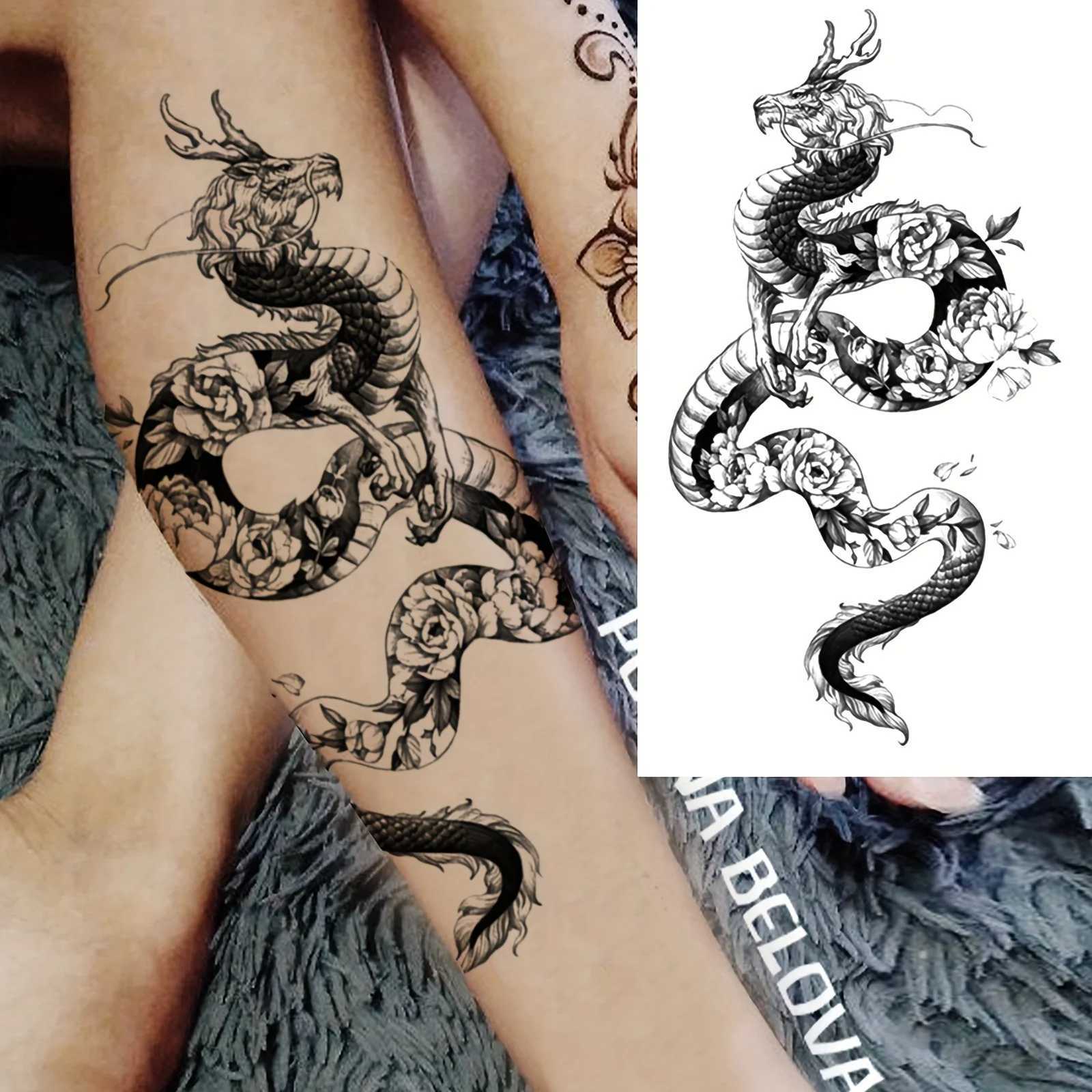 Waterproof Temporary Tattoo Stickers Black Dragon Flash Tattoo Female Snake Rose Body Fake Tattoo Flower Arm TattooXJ25414