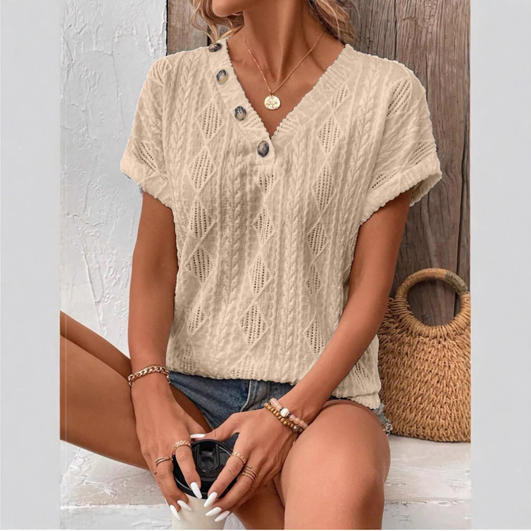 2025 New Women's Spring/Summer Collection V-neck Button Hollow Loose Short Sleeve Top T-shirt