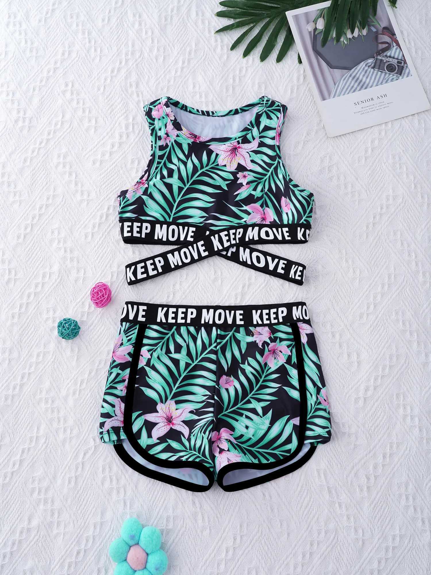 Kids Girls Swimsuit Two Pieces Swimwear Round Neck Sleeveless Cross Sash Crop Tops and Shorts Set Swimming Bathing Suit ClothesW251113