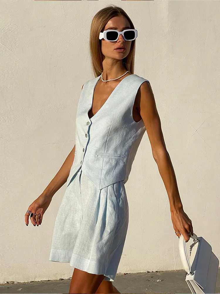 Fashion cotton linen set waist suit womens casual sleeveless vest shorts 2-piece set 2025 spring Fe loose travel suitXJ250414