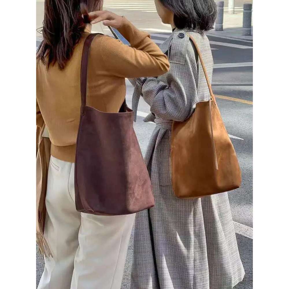 Retro Niche Design Glossy Cowhide Suede Leather Bucket Tote 2 Sizes Deep Grey Women Handbag Buckskin Commter Shoulder Bag