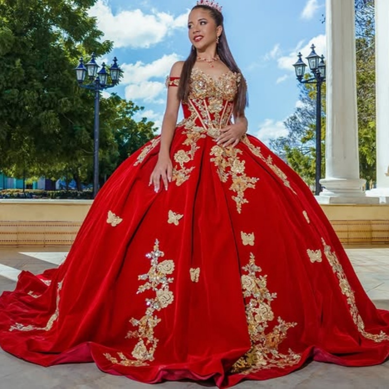 Red Princess Quinceanera Dresses Off Shoulder Gold Applique Lace Bow Corset Sweet 16 Dress Ball Gown Vestidos 15 De Anos