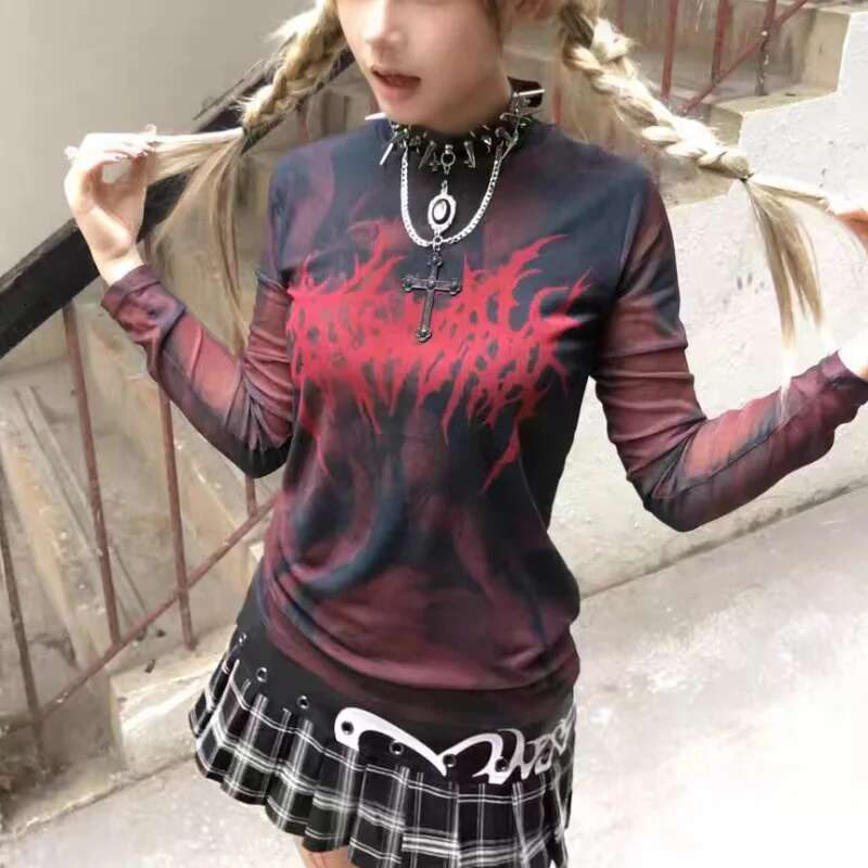 Grunge Aesthetics Print T-shirt Vintage Gothic Red Mesh Streetwear Women Top Y2k Long Sleeve Sheer Tops Punk