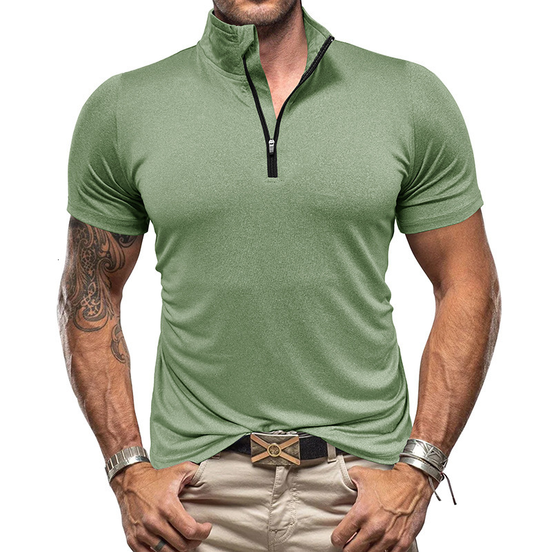 Summer mens outdoor sports and fitness zippered shirt with stand up collar high elasticity and quick drying short sleeved T-shirt for men