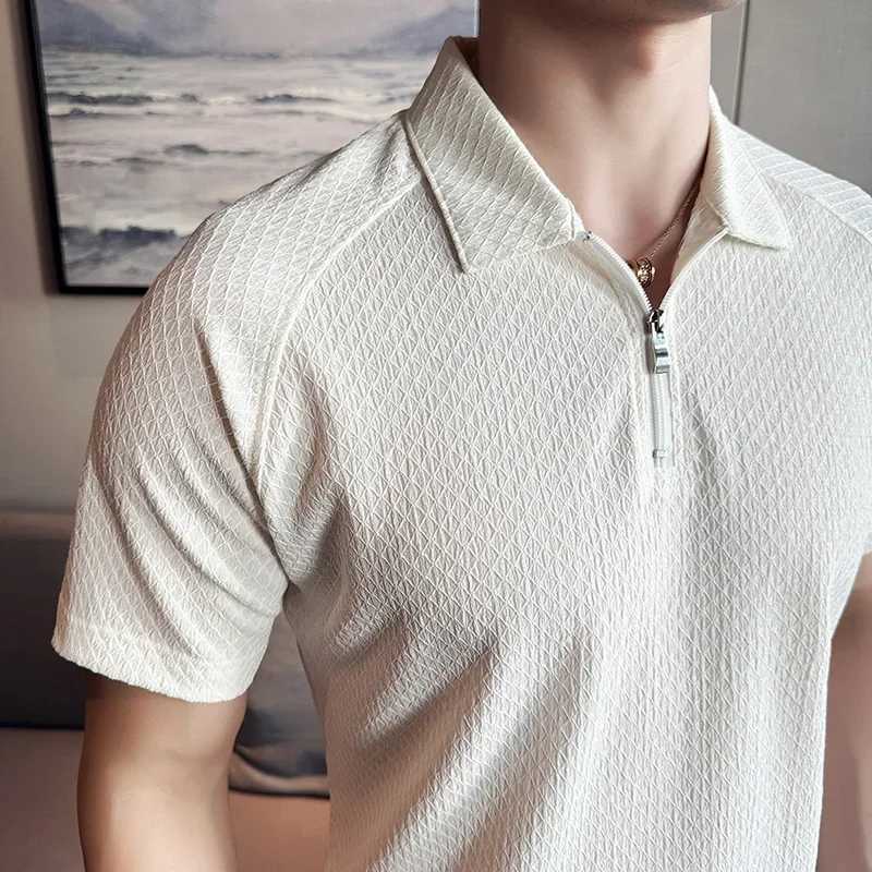 Mens polo shirt 2024 British style summer silk thin solid color casual elastic slim fit short sleeved T-shirt mens clothing W250414