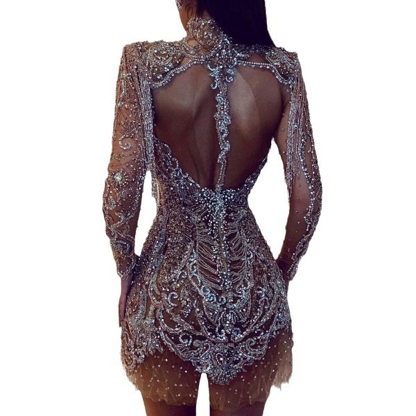 2025 Summer New Womens Dress with Gold Sprinkle Exposed Back Transparent Hollow Sexy Mini Skirt