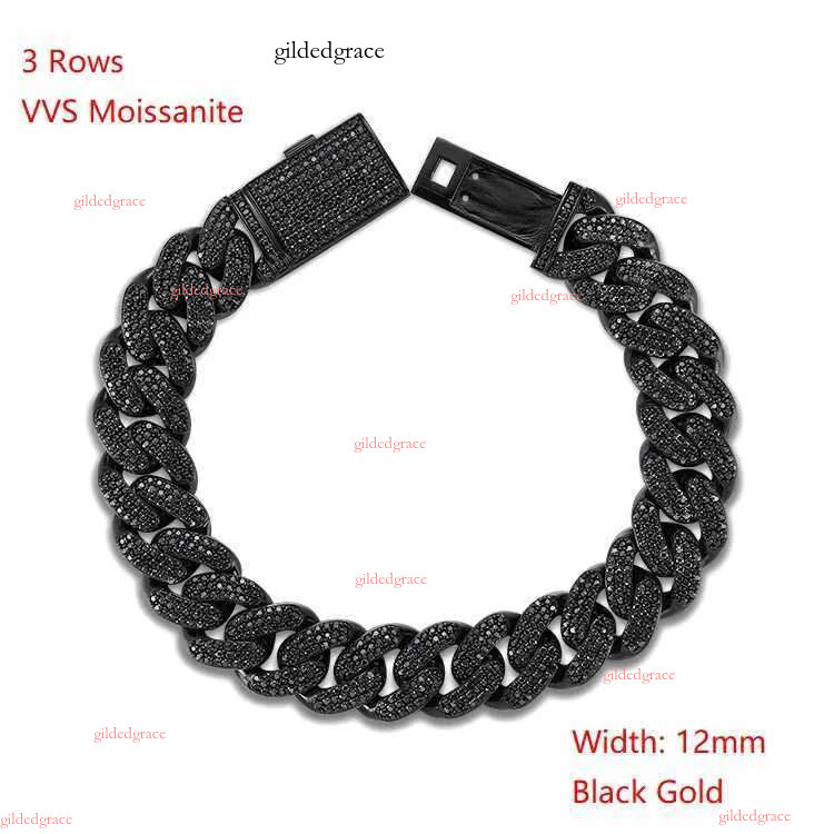 Prong Settg 12mm Miami Bracelet 3 Rows Black Gold Men Moissanite Cuban k Chain in Sier