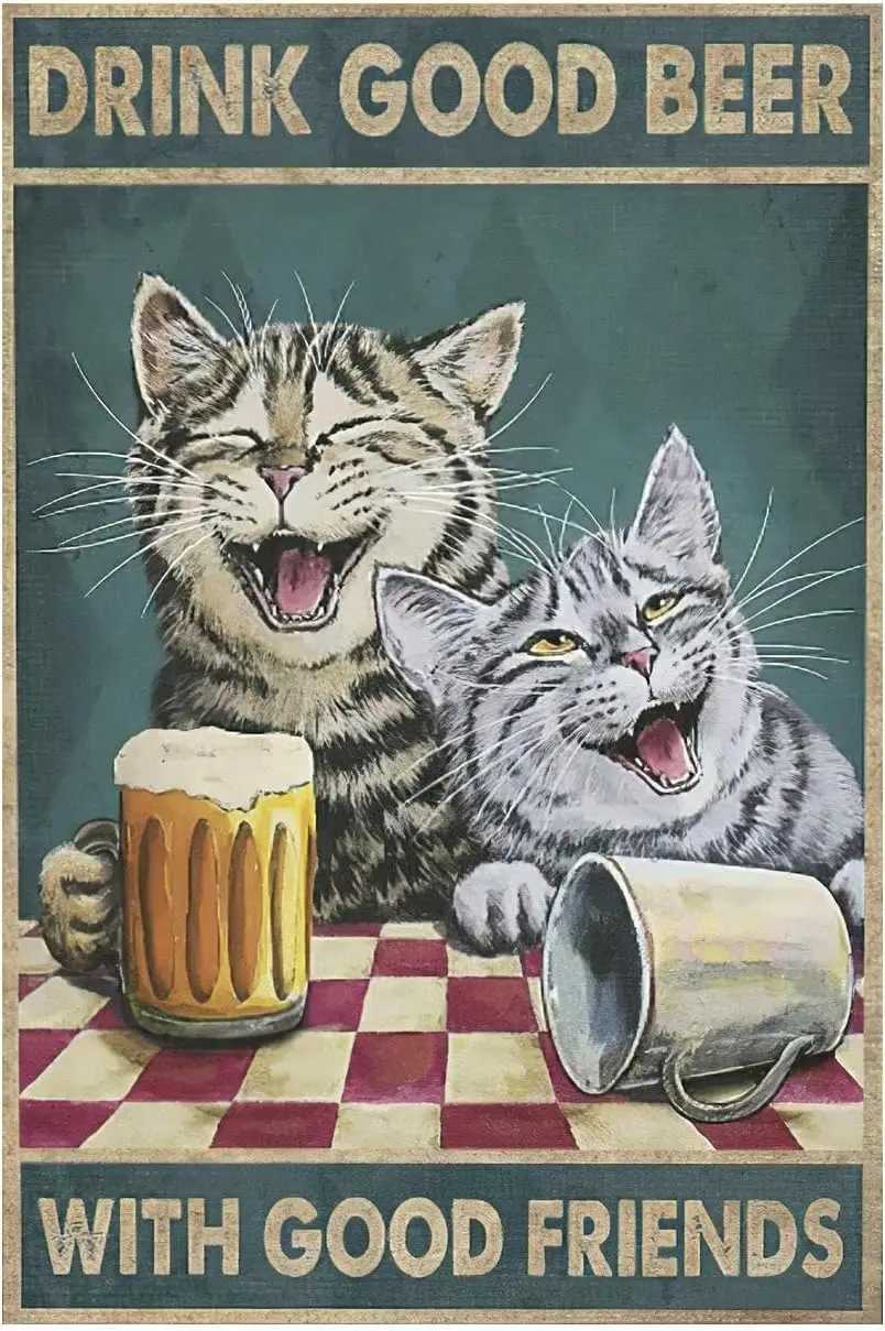 Retro Tin Sign Metal Poster Vintage Wall Dcor Cat Drink Beer with Friends Funny Decorations for Home Bar Kitchen Wall Art RoomM251114