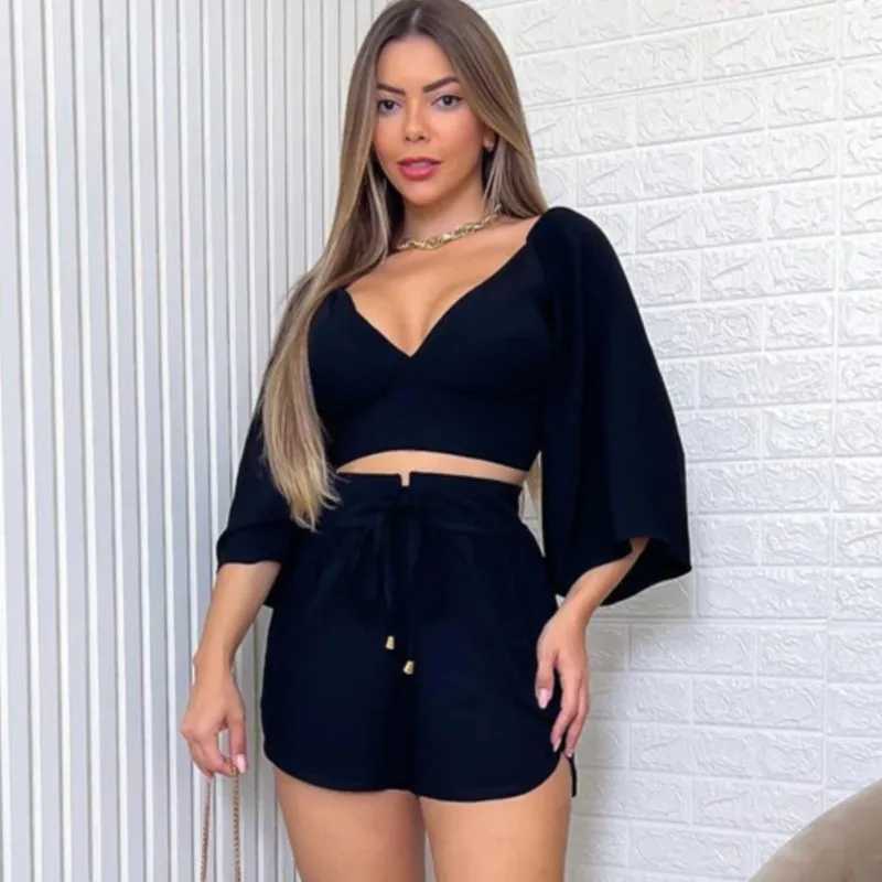 2024 Summer Fashion Solid Two Piece Set Womens Sexy Backless Lace Top V-neck Flare Sve Shirt Top+Loose Shorts SetXJ250414