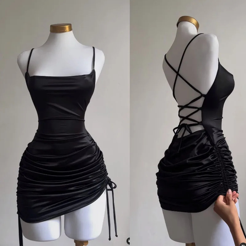 Sexy sleeveless backless mini dress for womens summer satin lace party club street black Y2K 2025 robe 250414