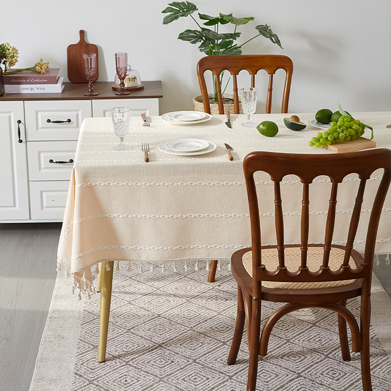Coffee-colored tassel tablecloth, rustic cotton and linen fabric, clear rectangular tablecloth, coffee table mat PMVF01