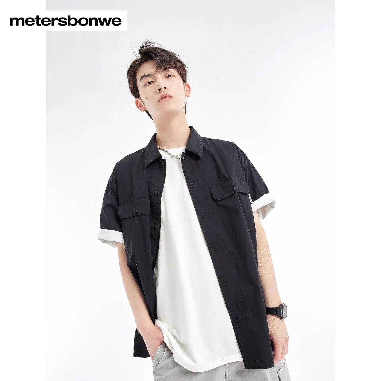 Metersbonwe Mens Multi Pocket Short Sleeve Product Shirt 100 Cotton Loose Solid Color Business Shirt Casual Summer Top 250411
