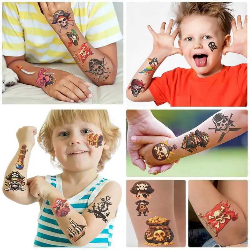 10 New Cartoon Pirates Temporary Tattoo Stickers Skeleton Pirates Tattoo Girls and Boys Birthday Party Supplies DiscountXJ25414