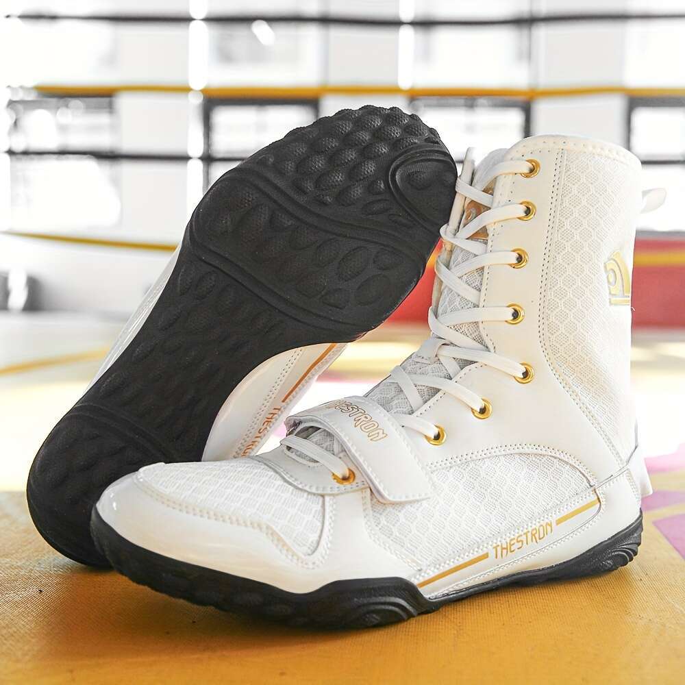 Men Professional High Top Wrestling Heavy Duty Martial Arts Rubber Sole, Pu/Nylon Like Mesh Accent All Season Indoor Gym Boots Mma, Kickboxing
