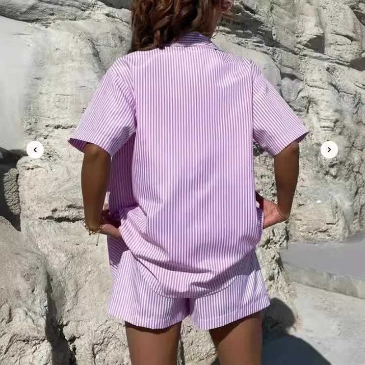Womens striped printed two-piece short outfit spring casual revolving door collar half Sve shirt short outfit summer streetwearXJ250414
