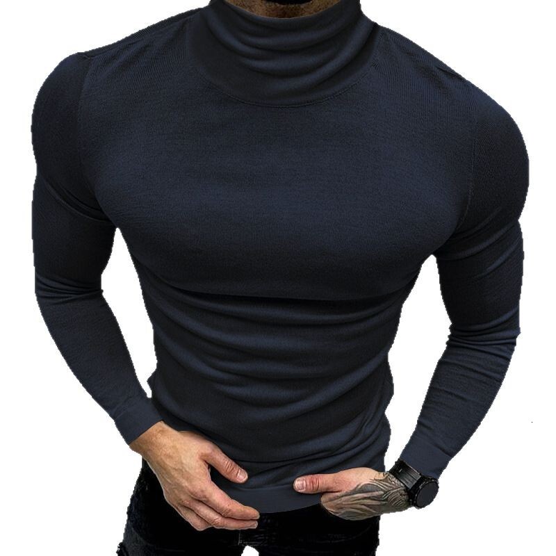 2025 New Men's Solid Color T-shirt High Neck Long Sleeve Spring/Autumn/Winter Base Knitted Sweater Korean Version Hoodie