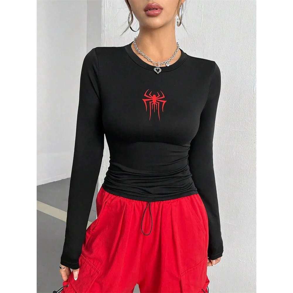 Women Spider Print Round Neck Long Sleeve Crop Tee Top Autumn Winter Spring Y2K Clothes Slim fit T-shirt