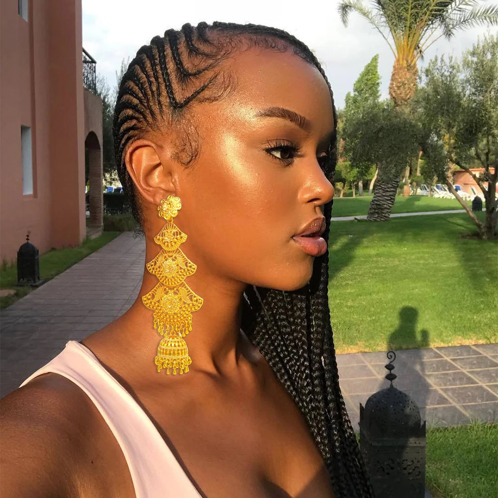 Fashion Dubai Long Tassels Earrings African Dubai Gold Color Drop Earrings For Women Pendant Stud Earrings Wedding Jewellery 250411