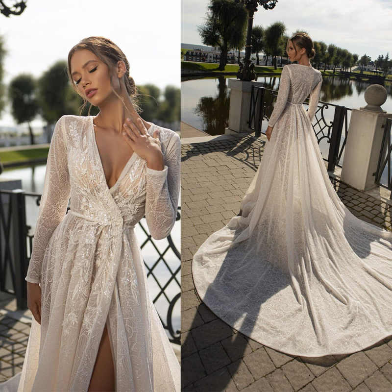 Exquisite A-Line Bridal Wedding Dresses V-Neck Full Sleeve Lace With Appliques Backless Floor-Length Plus Size For Special Occasion Side High Split Ve
